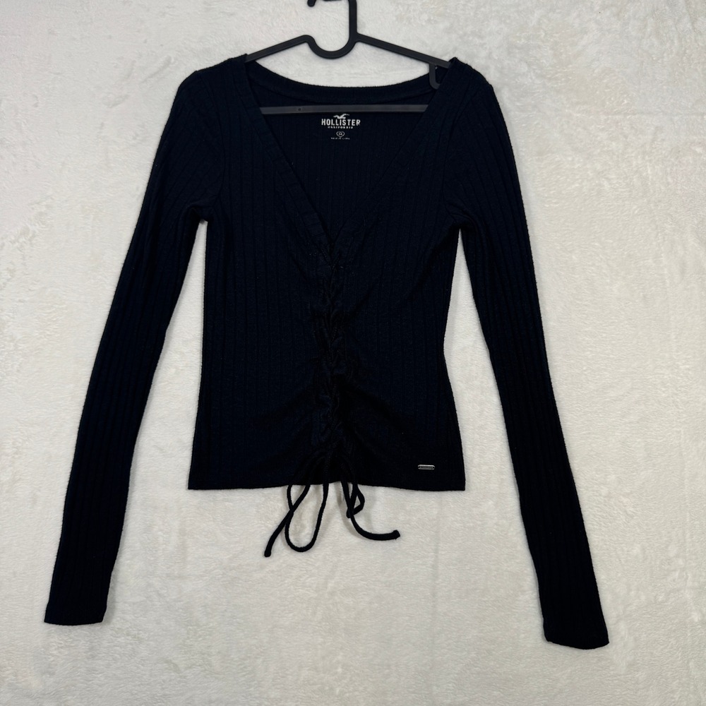 Hollister Top Womens Medium Black Lace-Up Cinched Ribbed Long Sleeve V-Neck